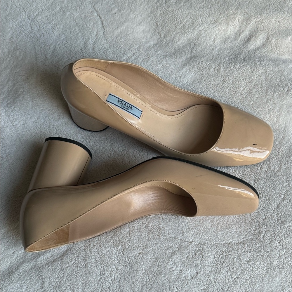 Prada Patent Leather Beige Block Heel Pumps